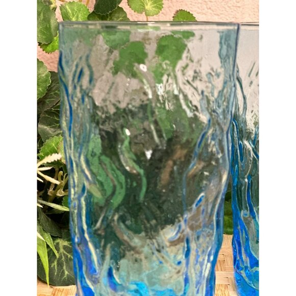 VTG Lido Milano Aquamarine Juice Glasses, Retro Cool Crinkle Ocean Blue Set of 2 - Picture 4 of 6